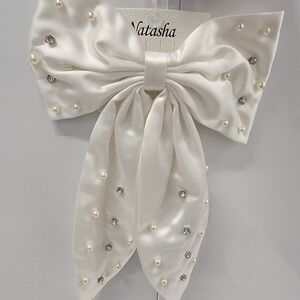 Natasha Large Satin White Hair Bow With Pearls‎ N Rhinestones Party Wedding